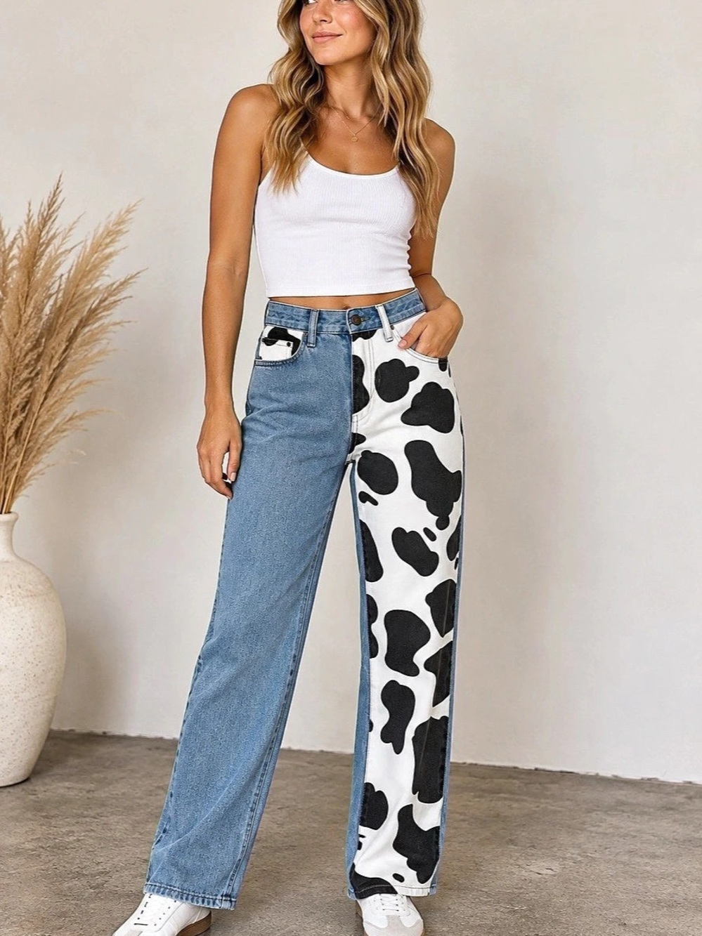 Machine Cow Print Patchwork Jeans Y2K Western Wide Straight Leg